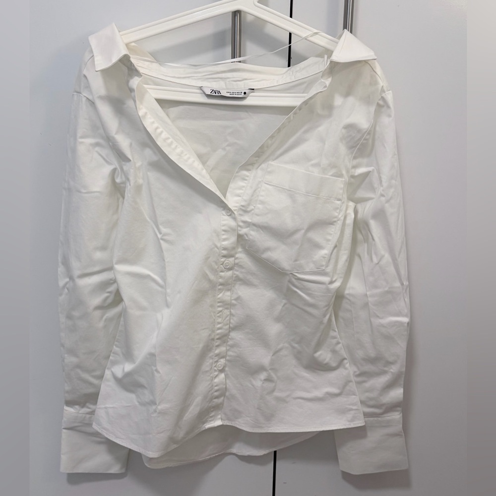 ZARA White Button-Down Shirt with Chest Pocket